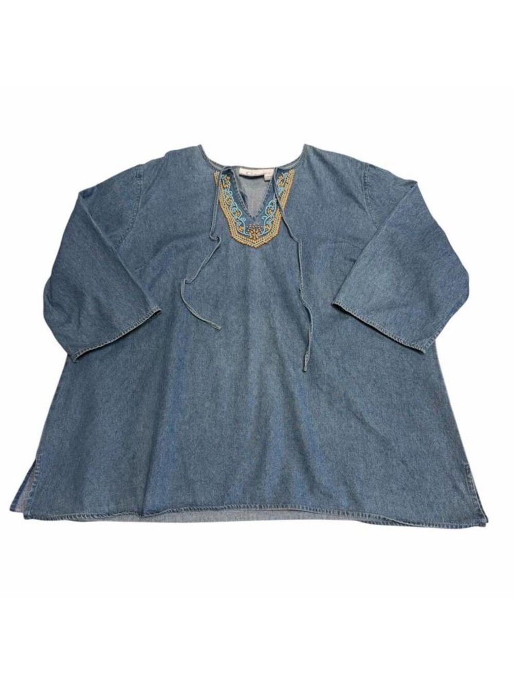 Vintage 90's Boho Beaded Denim Blouse Top Women's 2X Summer Festival Indie Artsy